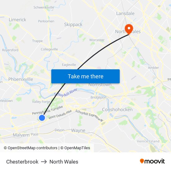 Chesterbrook to North Wales map