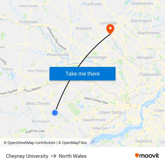 Cheyney University to North Wales map