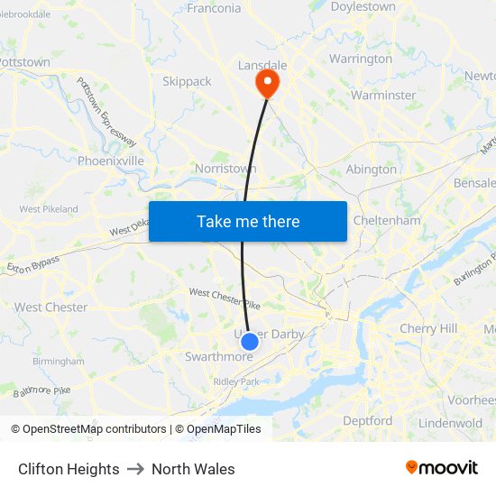 Clifton Heights to North Wales map