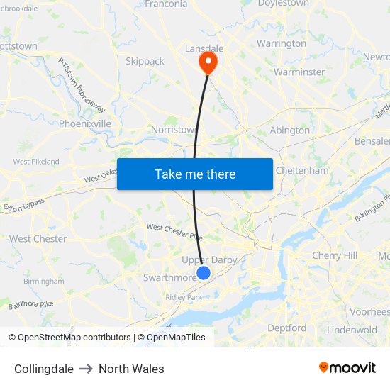 Collingdale to North Wales map