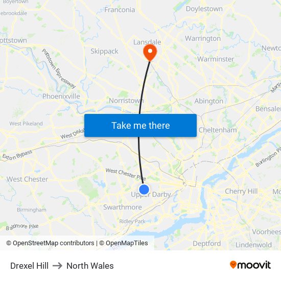 Drexel Hill to North Wales map