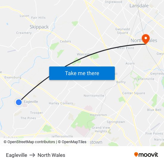 Eagleville to North Wales map