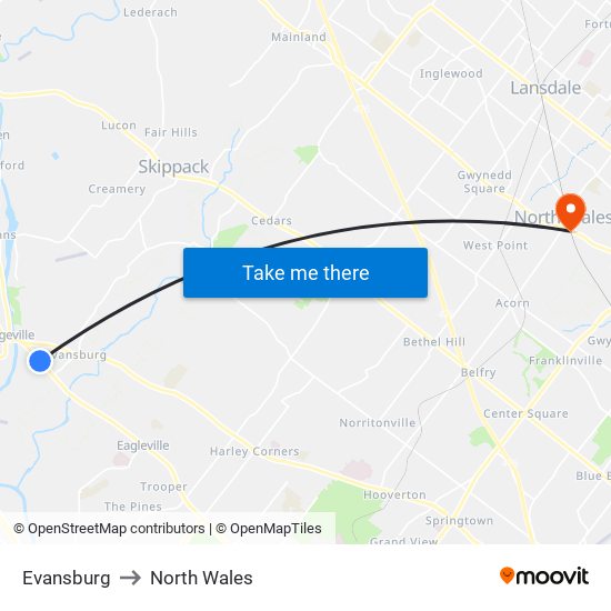 Evansburg to North Wales map