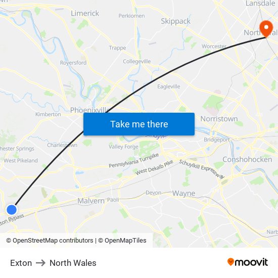 Exton to North Wales map