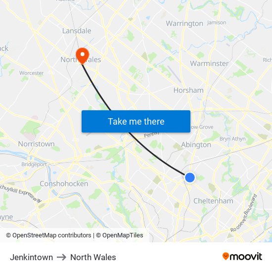 Jenkintown to North Wales map