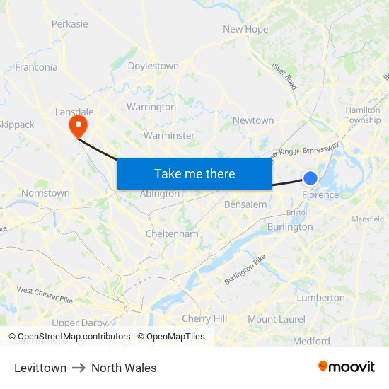 Levittown to North Wales map