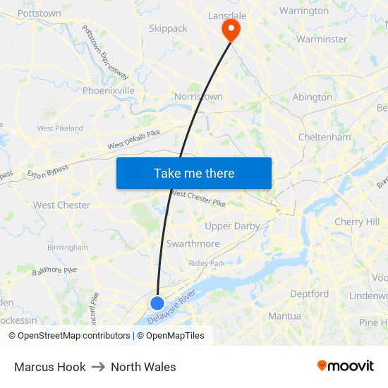 Marcus Hook to North Wales map