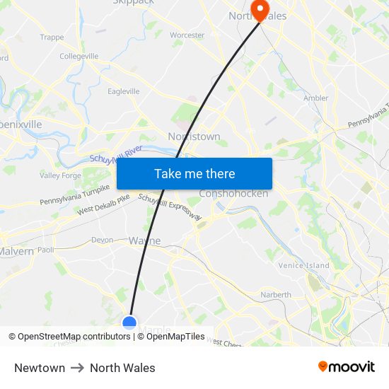 Newtown to North Wales map