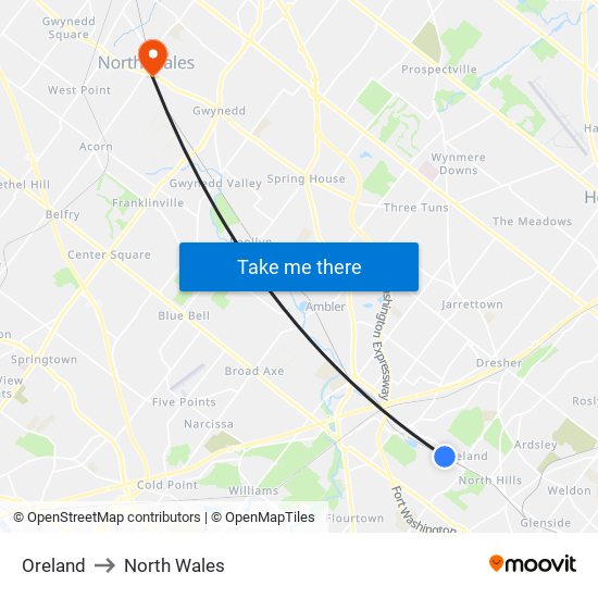 Oreland to North Wales map