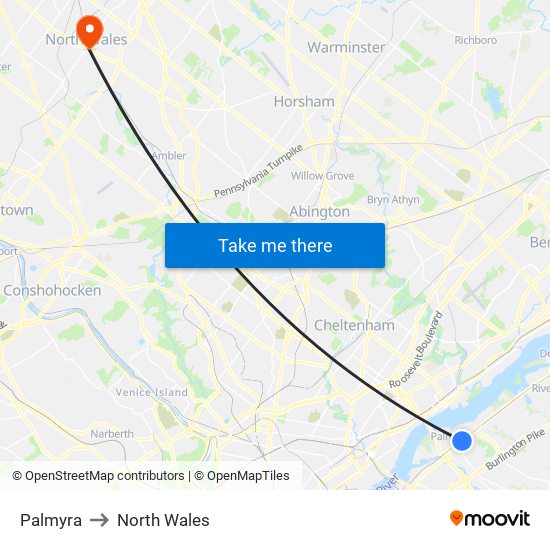 Palmyra to North Wales map