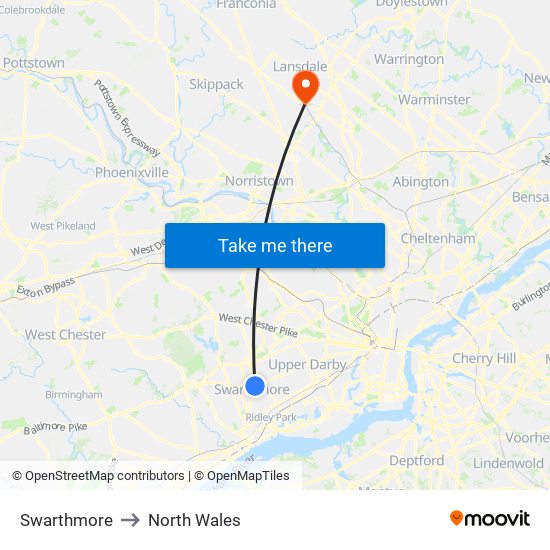 Swarthmore to North Wales map