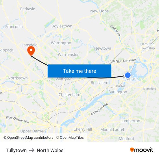 Tullytown to North Wales map