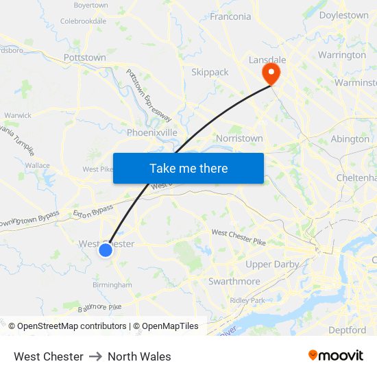 West Chester to North Wales map