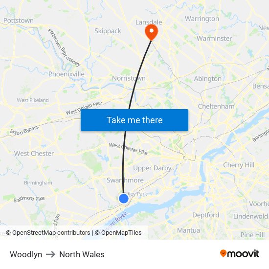 Woodlyn to North Wales map