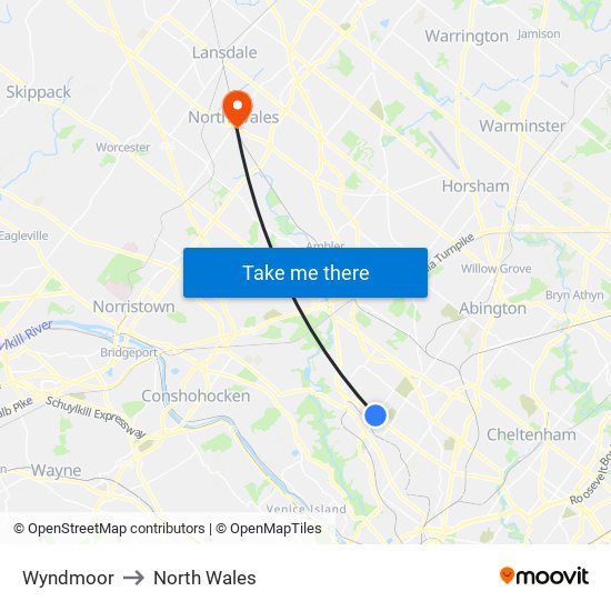 Wyndmoor to North Wales map