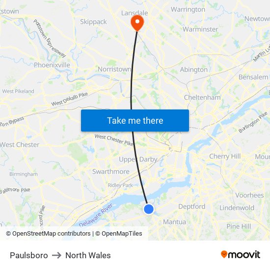 Paulsboro to North Wales map