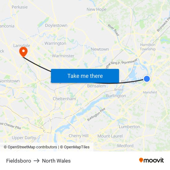 Fieldsboro to North Wales map