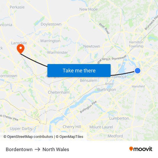 Bordentown to North Wales map