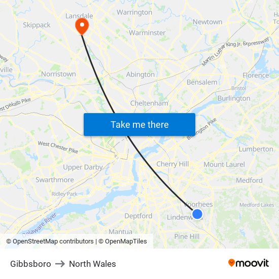 Gibbsboro to North Wales map