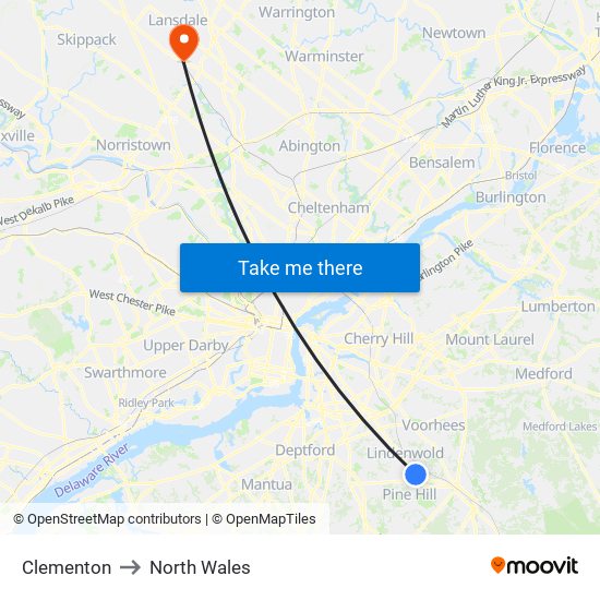 Clementon to North Wales map