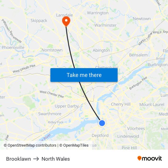 Brooklawn to North Wales map