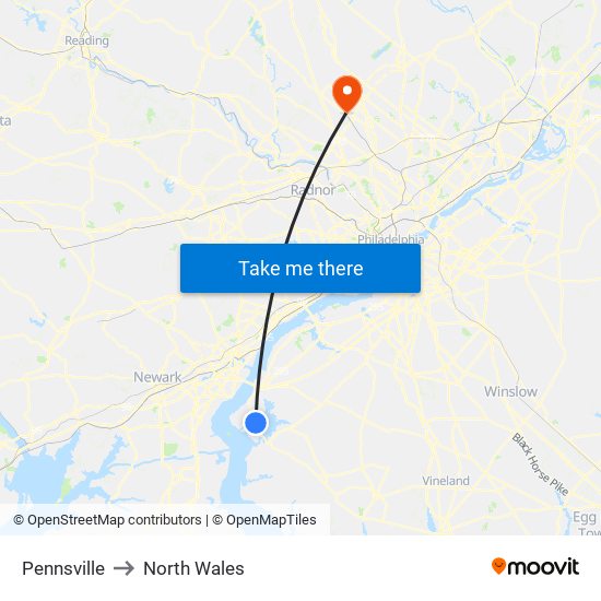 Pennsville to North Wales map