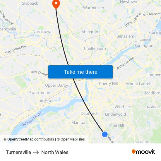 Turnersville to North Wales map