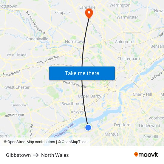 Gibbstown to North Wales map