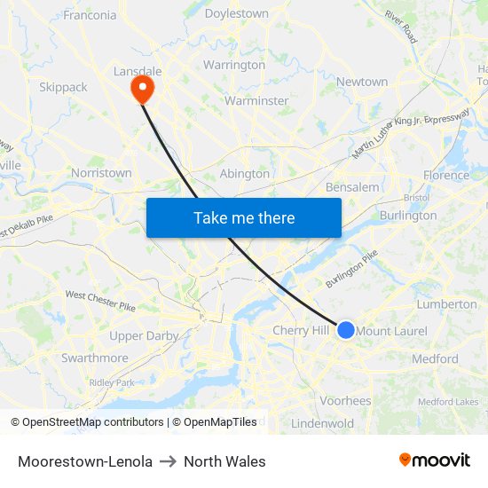 Moorestown-Lenola to North Wales map
