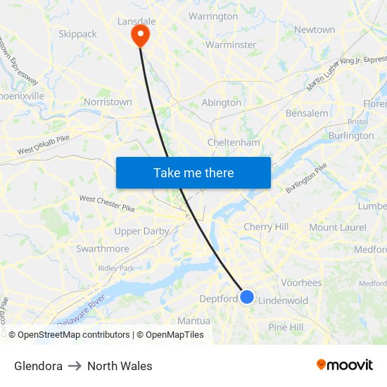 Glendora to North Wales map