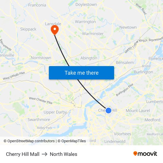 Cherry Hill Mall to North Wales map