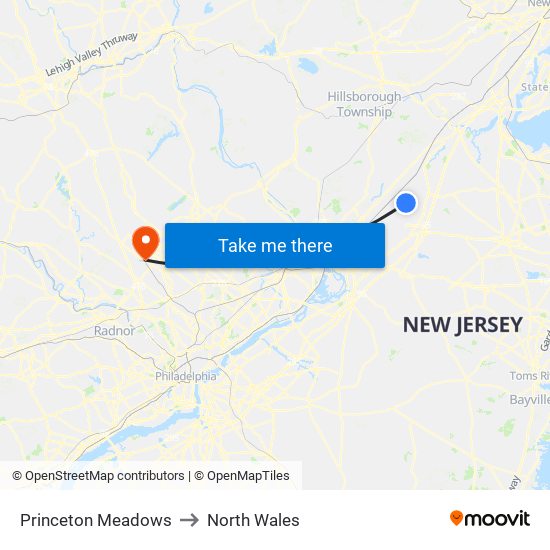 Princeton Meadows to North Wales map