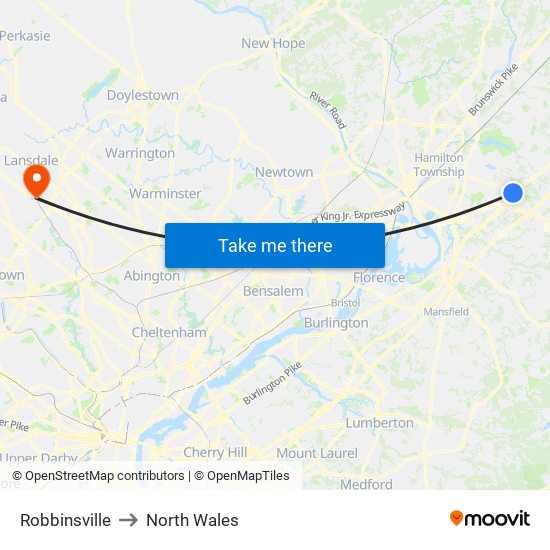 Robbinsville to North Wales map