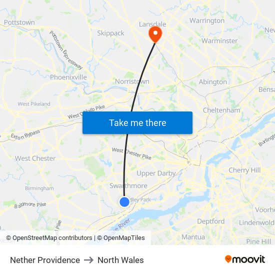 Nether Providence to North Wales map