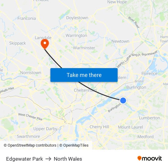 Edgewater Park to North Wales map