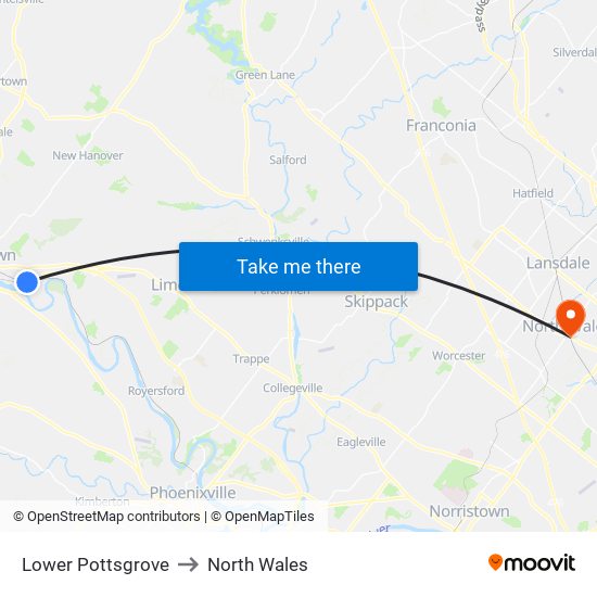 Lower Pottsgrove to North Wales map