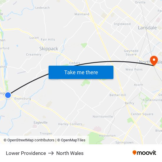 Lower Providence to North Wales map