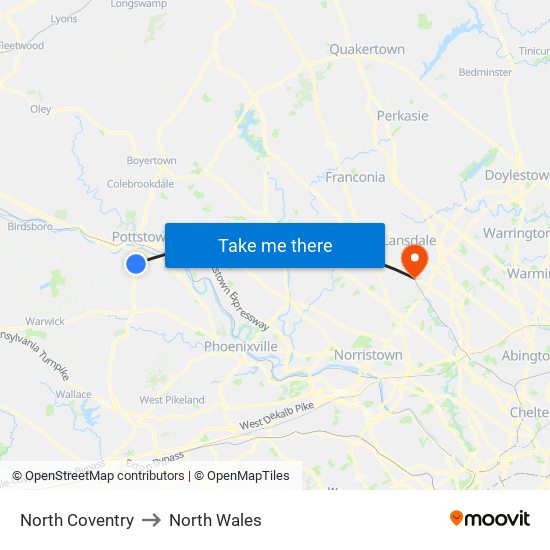 North Coventry to North Wales map