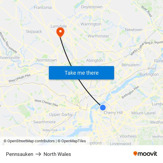 Pennsauken to North Wales map