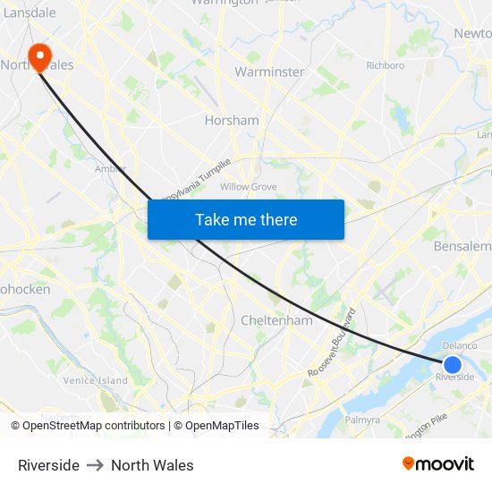 Riverside to North Wales map