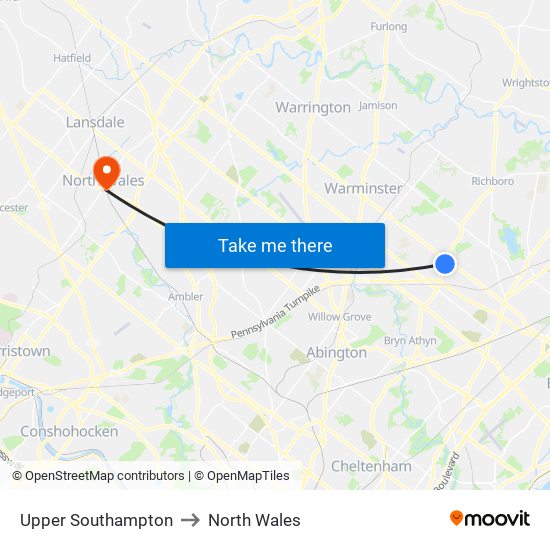 Upper Southampton to North Wales map