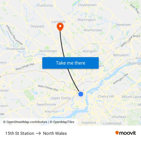 15th St Station to North Wales map