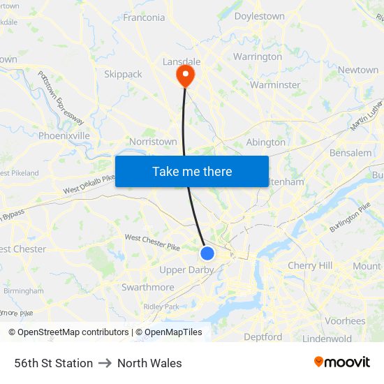 56th St Station to North Wales map