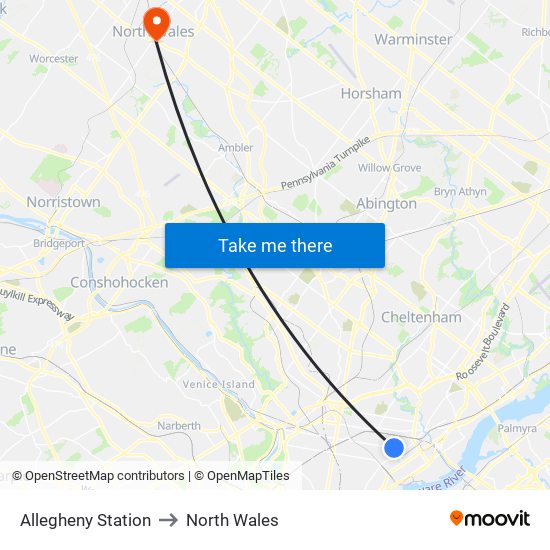 Allegheny Station to North Wales map