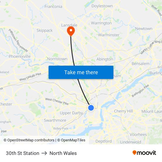 30th St Station to North Wales map