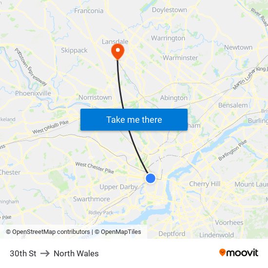 30th St to North Wales map