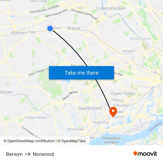 Berwyn to Norwood map
