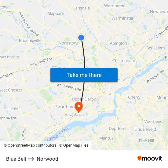 Blue Bell to Norwood map