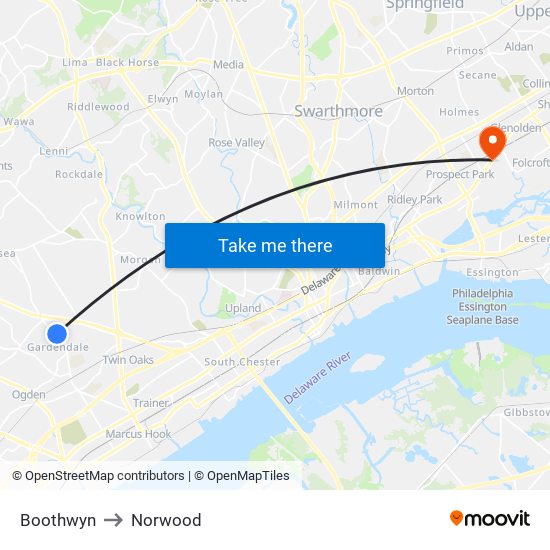Boothwyn to Norwood map