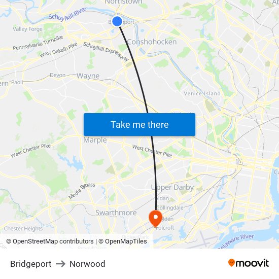 Bridgeport to Norwood map
